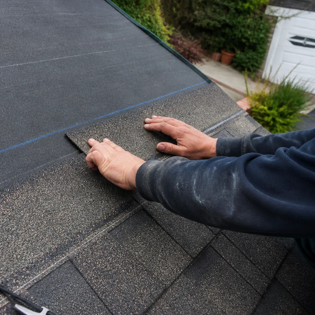 Professional roofer installing asphalt shingles during a roofing project