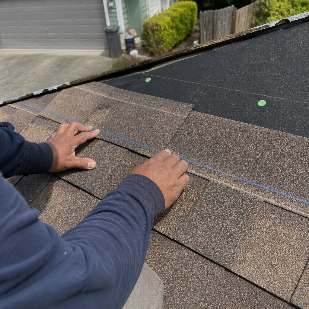 Contractor installing shingles with a chalk line on a residential roof