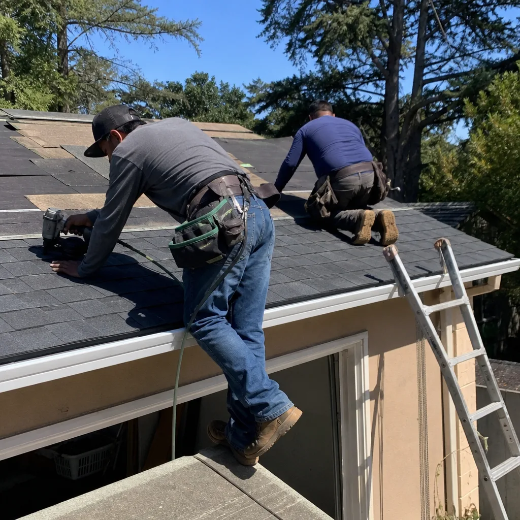 Two professional roofers installing shingles on a residential home roof