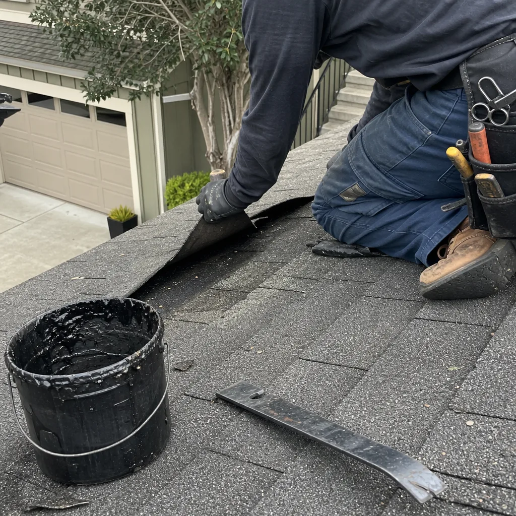 Professional roofer performing shingle repair on a residential roof