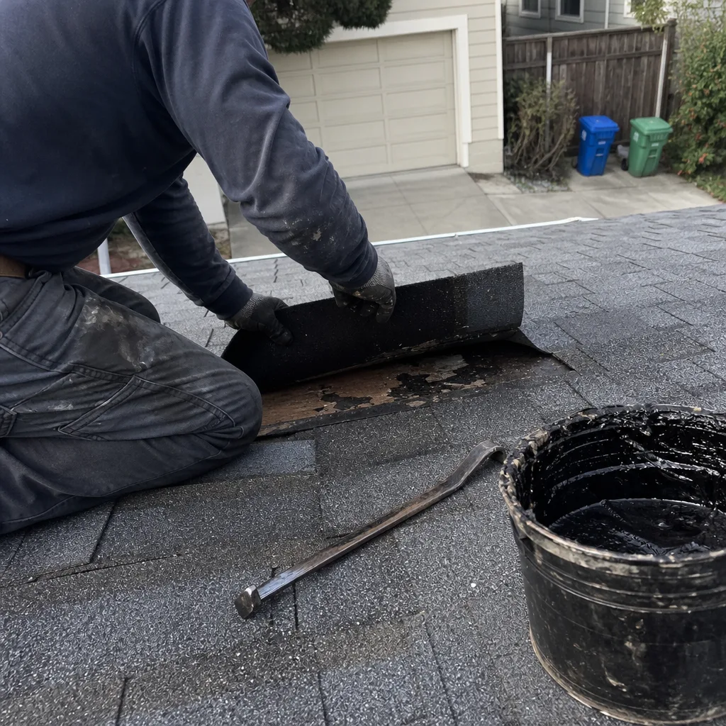 Professional roofer performing roof repair with tools and sealant