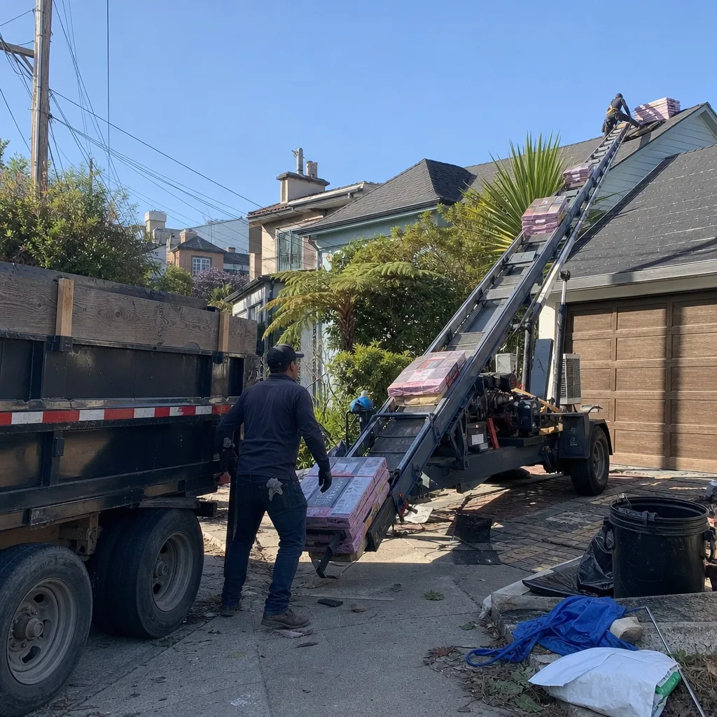 Roofing contractor using a conveyor belt to lift shingles to a roof